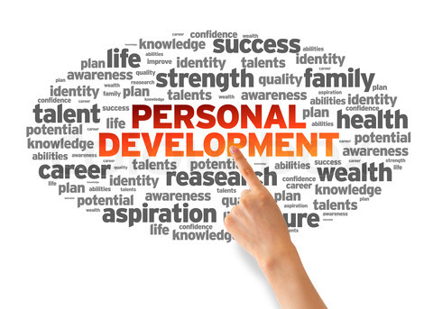 Hand pointing at a Personal Development Word Cloud on white background.